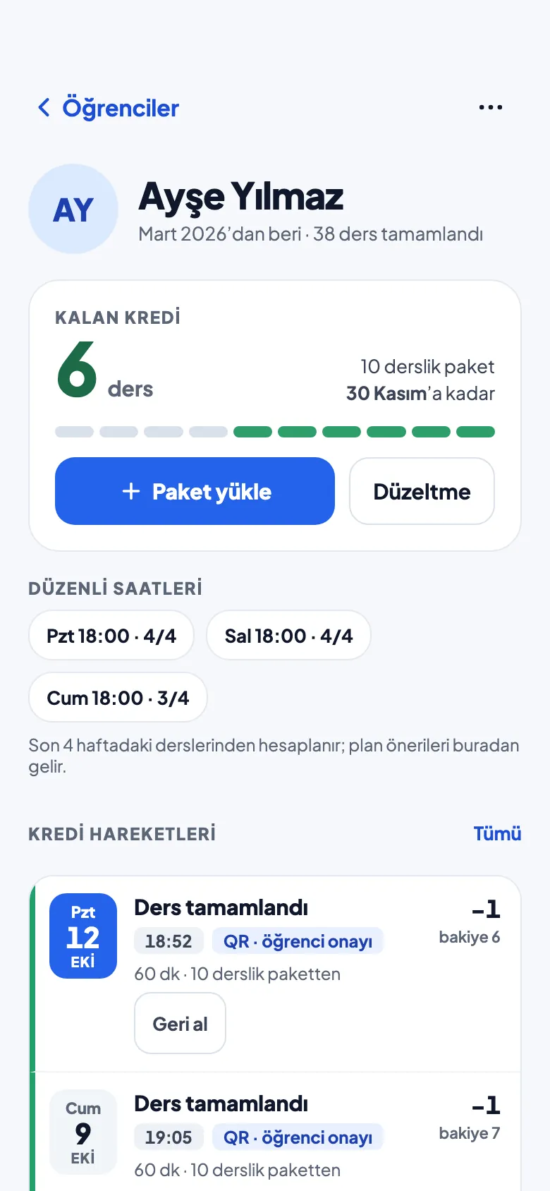 Student detail screen (shown in Turkish): 6 lessons left, a 10-lesson package, a Load package button, regular hours and credit history